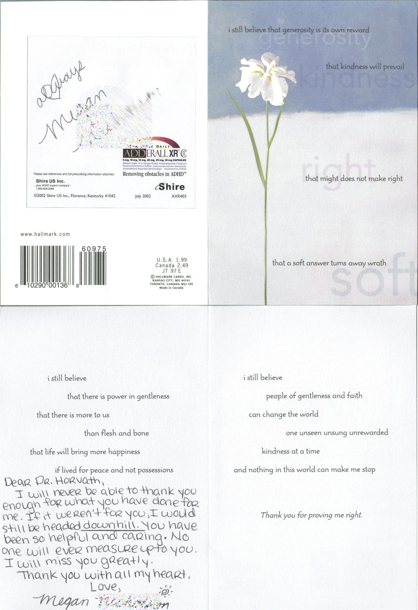 Thank you card from a patient of Dr. Horvath