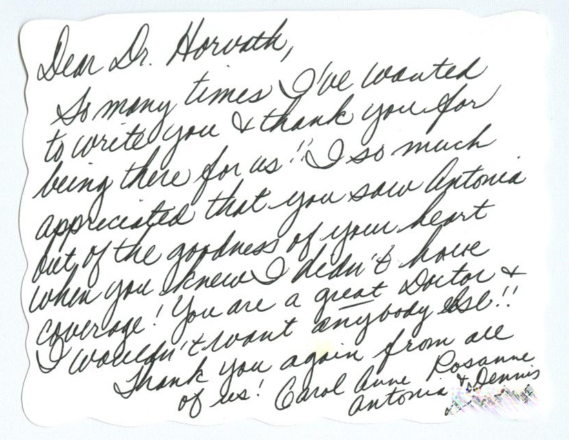 Thank you card from a patient of Dr. Horvath